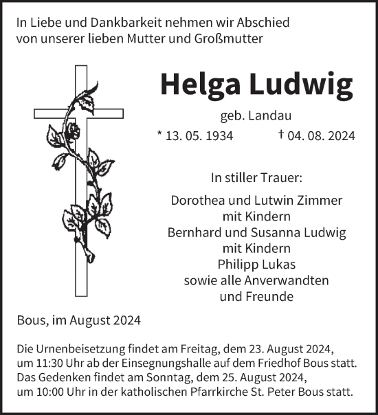 Traueranzeige von Helga Ludwig von saarbruecker_zeitung