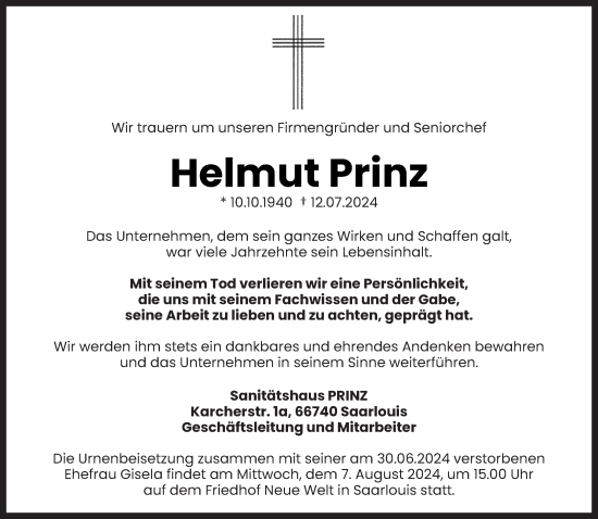Traueranzeige von Helmut Prinz von saarbruecker_zeitung