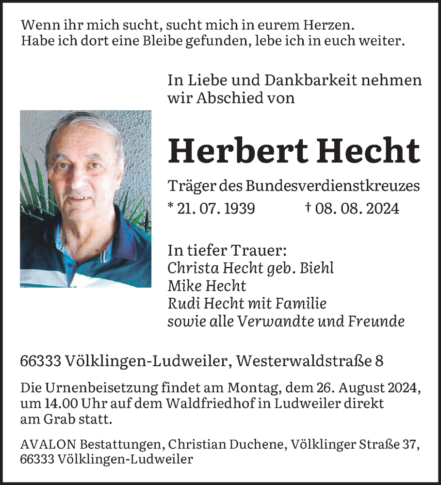  Traueranzeige für Herbert Hecht vom 17.08.2024 aus saarbruecker_zeitung