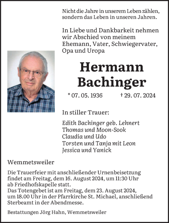 Traueranzeige von Hermann Bachinger von saarbruecker_zeitung