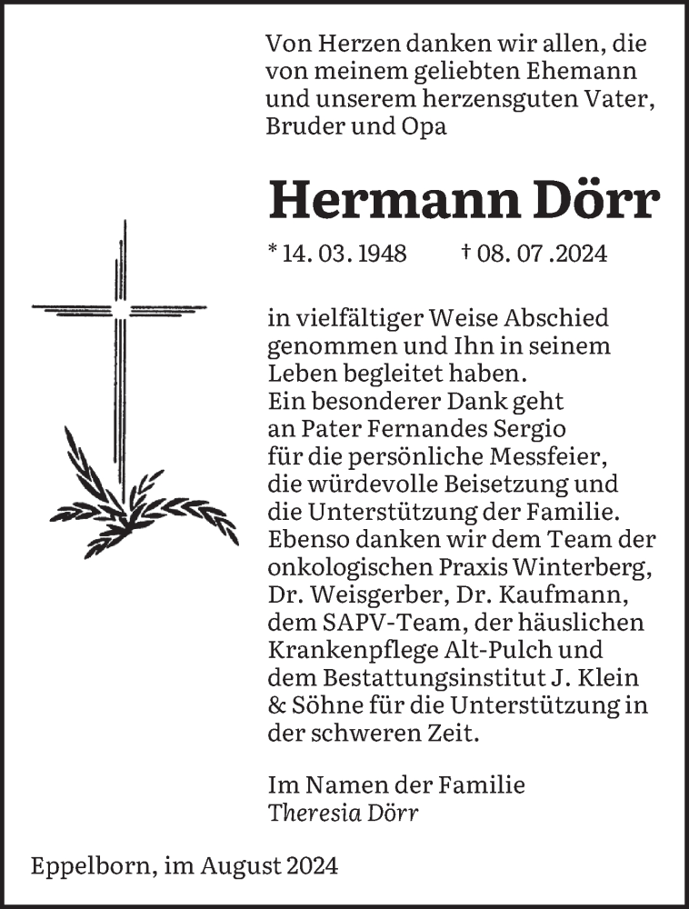  Traueranzeige für Hermann Dörr vom 03.08.2024 aus saarbruecker_zeitung
