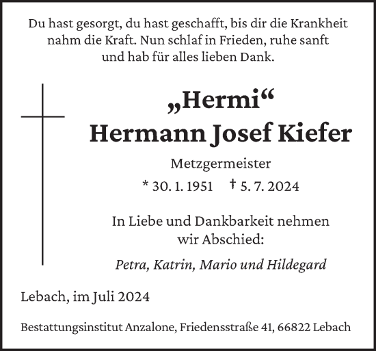 Traueranzeige von Hermann Josef Kiefer von saarbruecker_zeitung