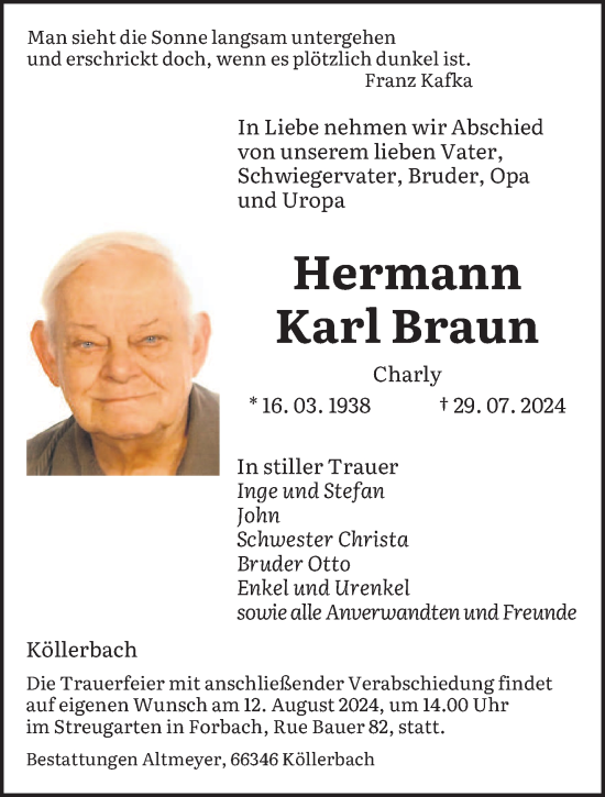 Traueranzeige von Hermann Karl Braun von saarbruecker_zeitung
