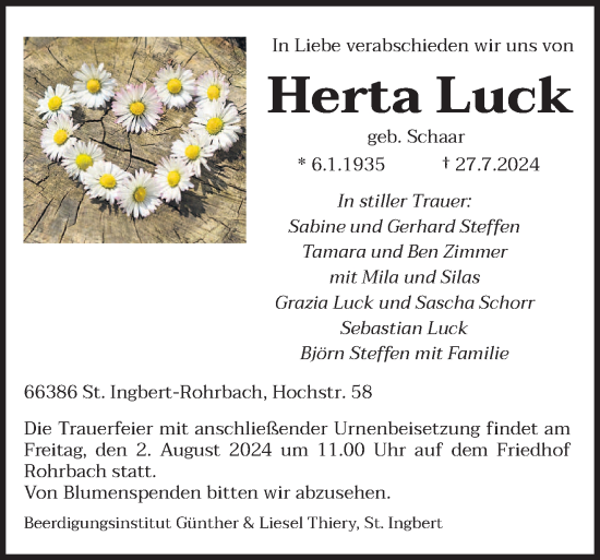 Traueranzeige von Herta Luck von saarbruecker_zeitung