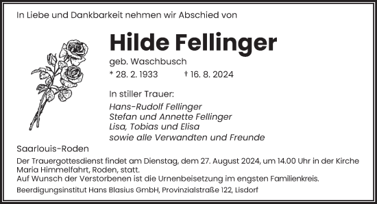 Traueranzeige von Hilde Fellinger von saarbruecker_zeitung