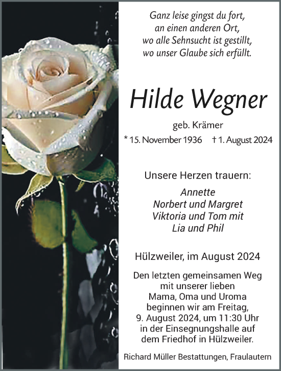 Traueranzeige von Hilde Wegner von saarbruecker_zeitung