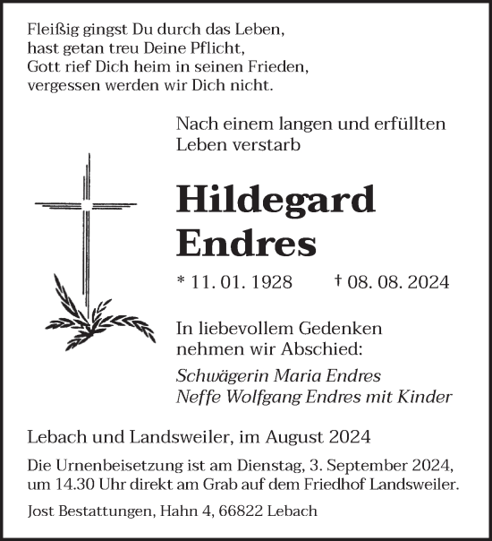 Traueranzeige von Hildegard Endres von saarbruecker_zeitung