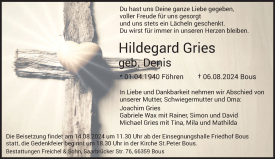 Traueranzeige von Hildegard Gries von saarbruecker_zeitung