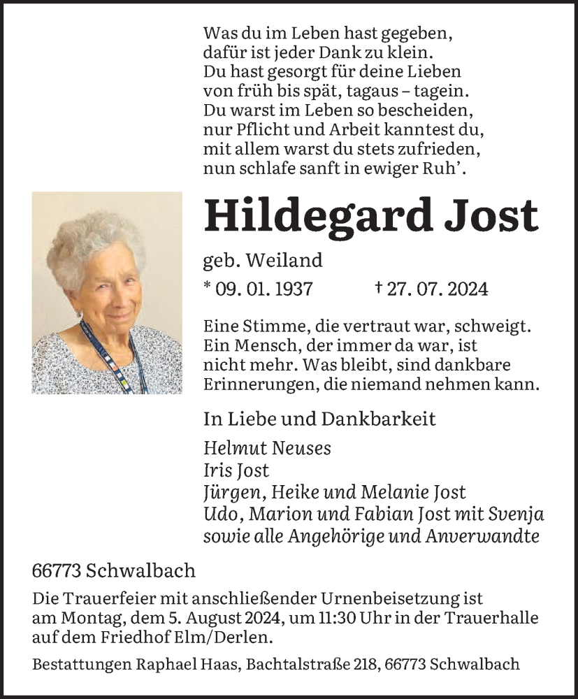  Traueranzeige für Hildegard Jost vom 03.08.2024 aus saarbruecker_zeitung