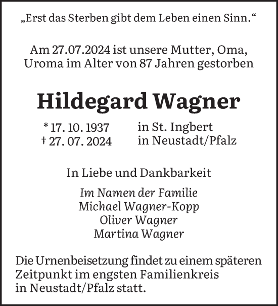 Traueranzeige von Hildegard Wagner von saarbruecker_zeitung