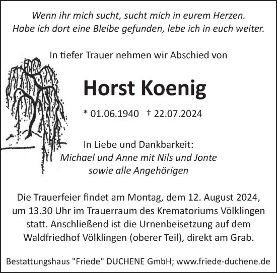 Traueranzeige von Horst Koenig von saarbruecker_zeitung