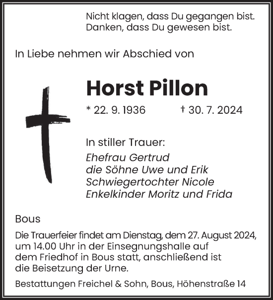 Traueranzeige von Horst Pillon von saarbruecker_zeitung