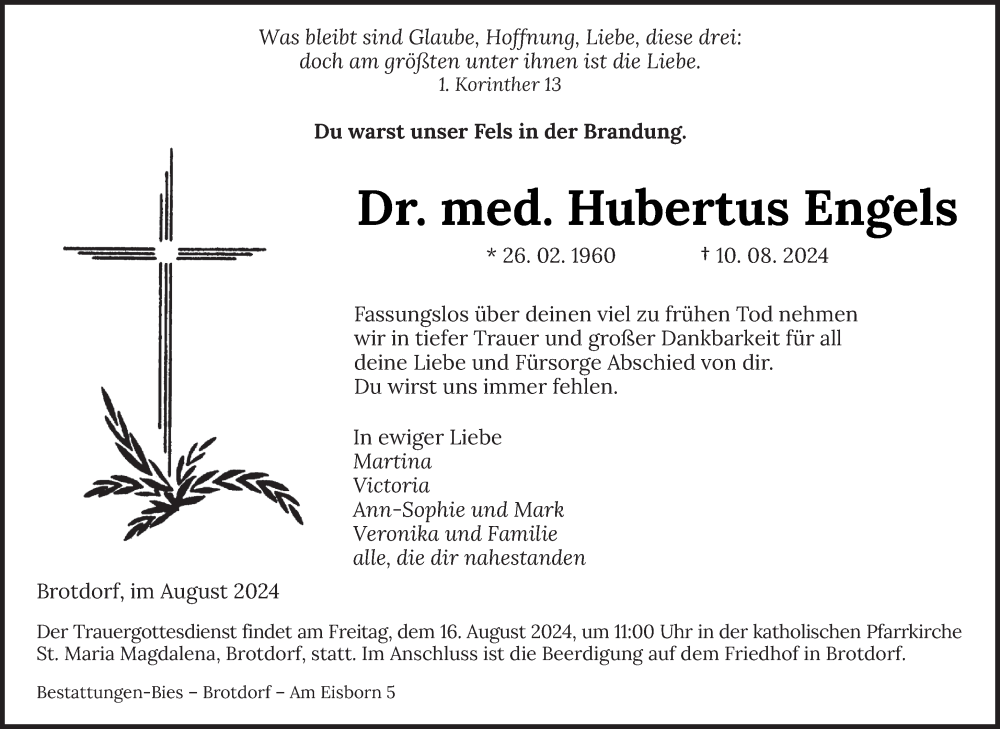  Traueranzeige für Hubertus Engels vom 14.08.2024 aus saarbruecker_zeitung