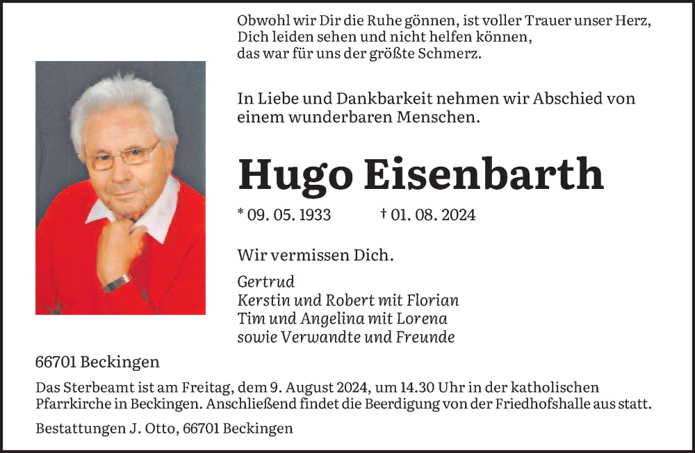  Traueranzeige für Hugo Eisenbarth vom 06.08.2024 aus saarbruecker_zeitung