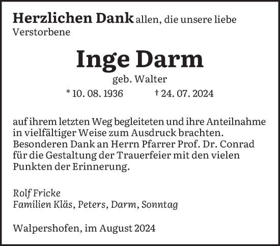 Traueranzeige von Inge Darm von saarbruecker_zeitung