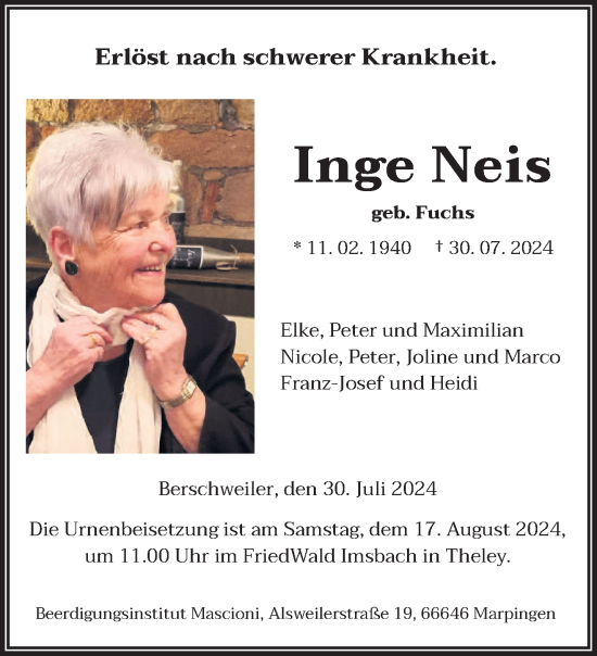 Traueranzeige von Inge Neis von saarbruecker_zeitung