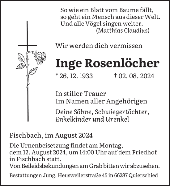 Traueranzeige von Inge Rosenlöcher von saarbruecker_zeitung