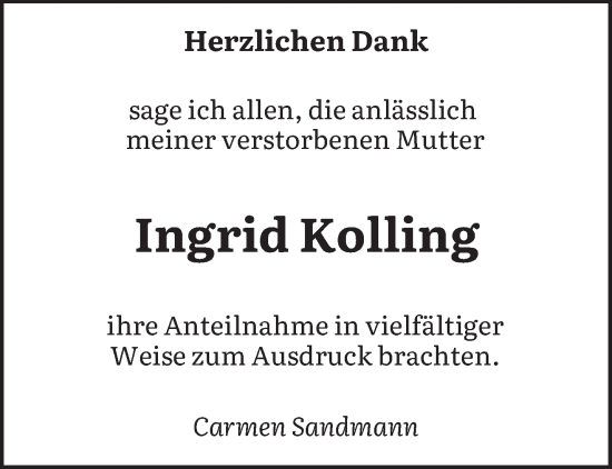 Traueranzeige von Ingrid Kolling von saarbruecker_zeitung