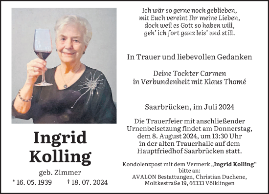 Traueranzeige von Ingrid Kolling von saarbruecker_zeitung