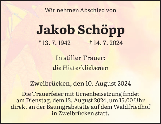 Traueranzeige von Jakob Schöpp von saarbruecker_zeitung