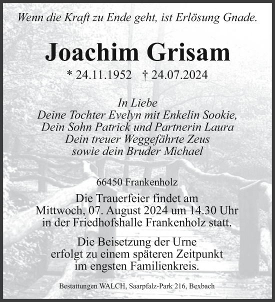 Traueranzeige von Joachim Grisam von saarbruecker_zeitung