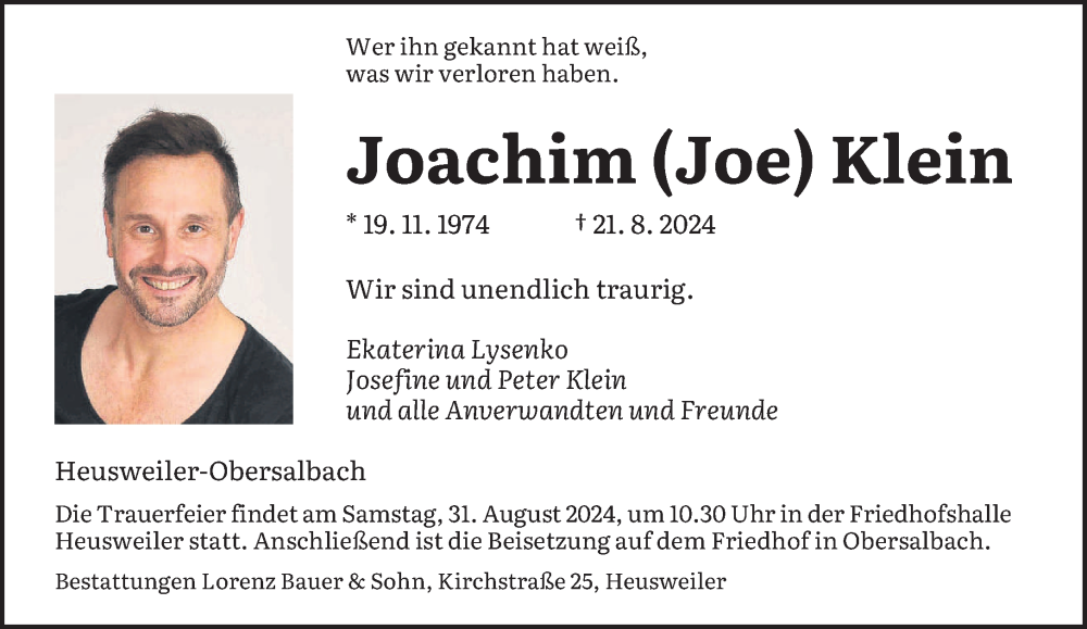  Traueranzeige für Joachim Klein vom 24.08.2024 aus saarbruecker_zeitung