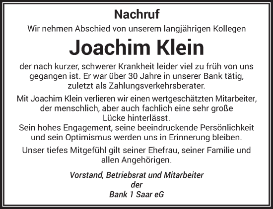 Traueranzeige von Joachim Klein von saarbruecker_zeitung