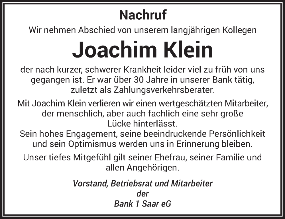  Traueranzeige für Joachim Klein vom 30.08.2024 aus saarbruecker_zeitung