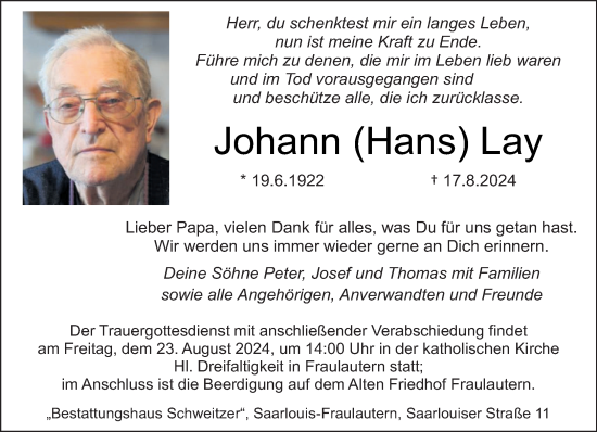 Traueranzeige von Johann Lay von saarbruecker_zeitung