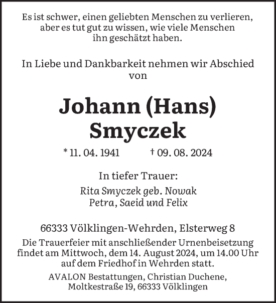 Traueranzeige von Johann Smyczek von saarbruecker_zeitung