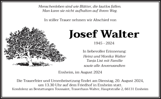 Traueranzeige von Josef Walter von saarbruecker_zeitung