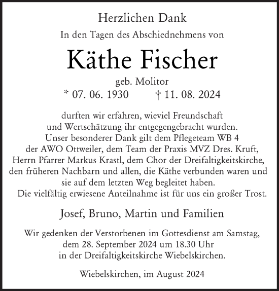 Traueranzeige von Käthe Fischer von saarbruecker_zeitung