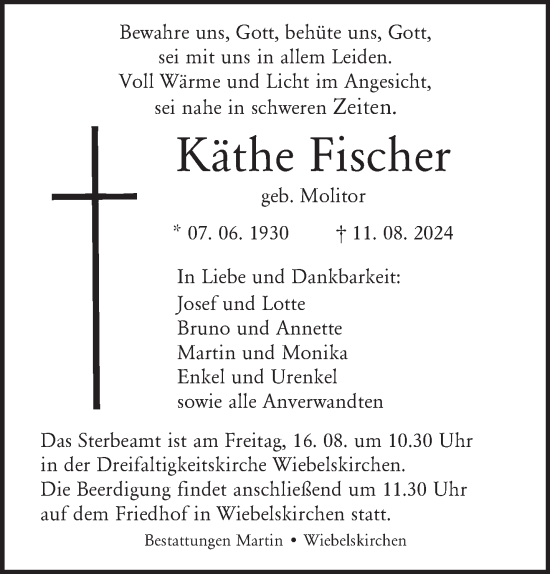 Traueranzeige von Käthe Fischer von saarbruecker_zeitung