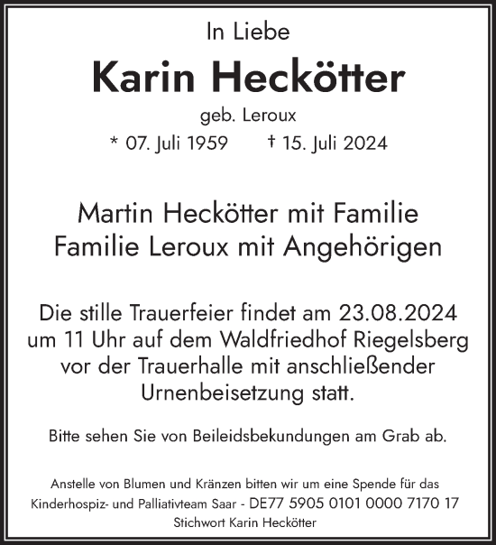 Traueranzeige von Karin Heckötter von saarbruecker_zeitung