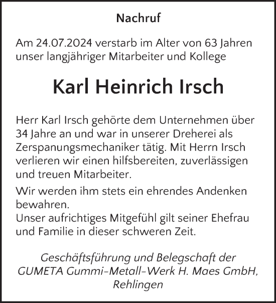 Traueranzeige von Karl Heinrich Irsch von saarbruecker_zeitung