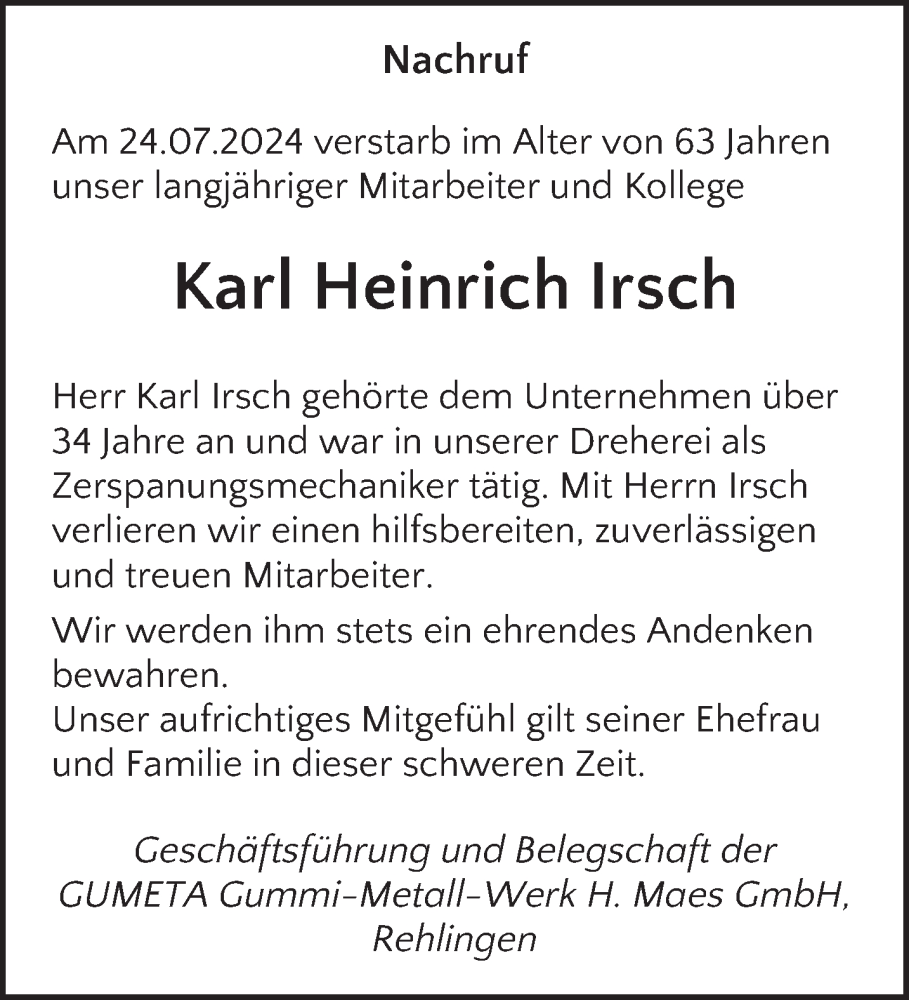  Traueranzeige für Karl Heinrich Irsch vom 10.08.2024 aus saarbruecker_zeitung