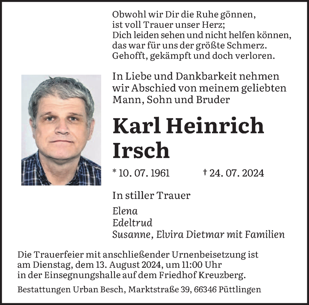  Traueranzeige für Karl Heinrich Irsch vom 10.08.2024 aus saarbruecker_zeitung