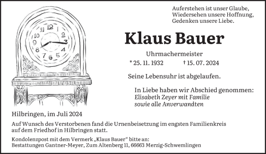 Traueranzeige von Klaus Bauer von saarbruecker_zeitung