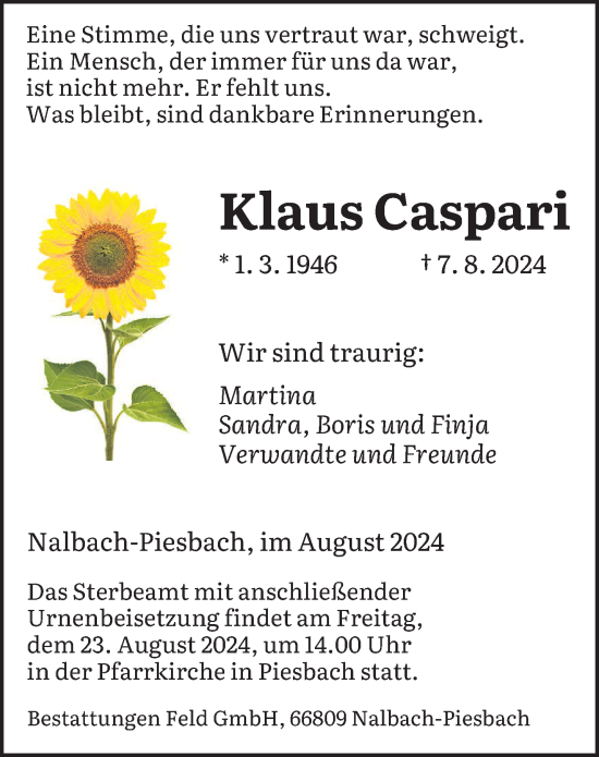 Traueranzeige von Klaus Caspari von saarbruecker_zeitung