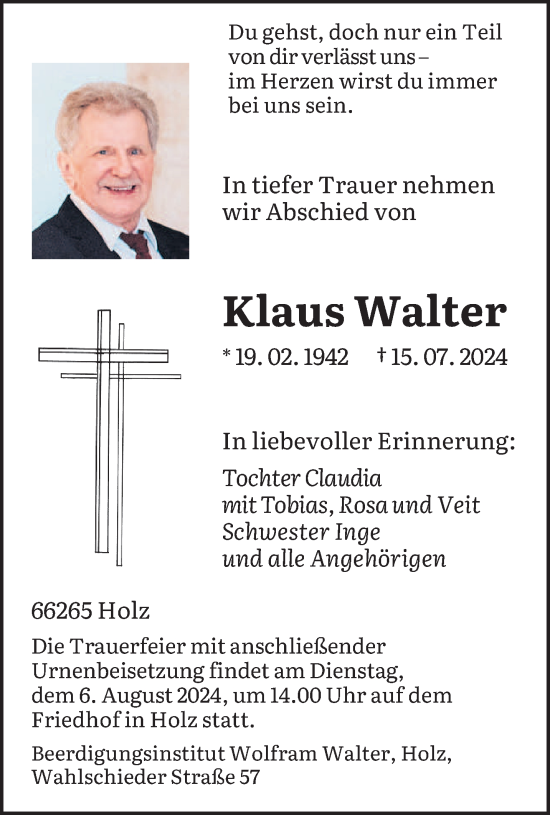 Traueranzeige von Klaus Walter von saarbruecker_zeitung