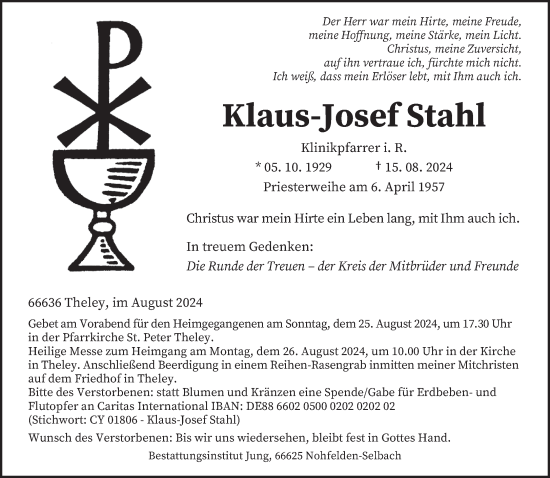 Traueranzeige von Klaus Josef Stahl von saarbruecker_zeitung