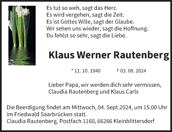 Traueranzeige von Klaus Werner Rautenberg von saarbruecker_zeitung
