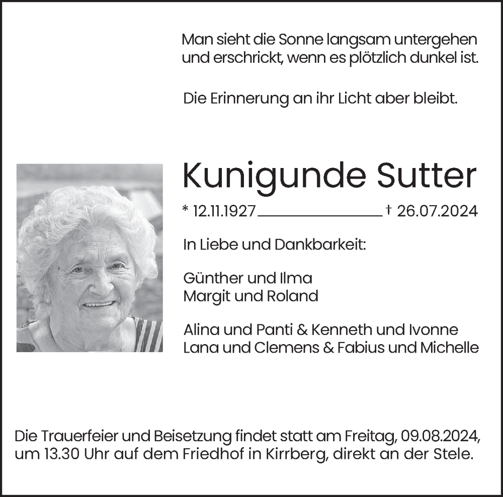 Traueranzeige für Kunigunde Sutter vom 03.08.2024 aus saarbruecker_zeitung