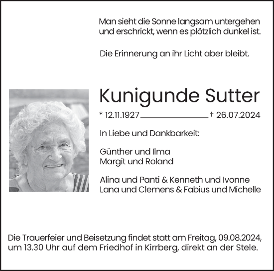 Traueranzeige von Kunigunde Sutter von saarbruecker_zeitung