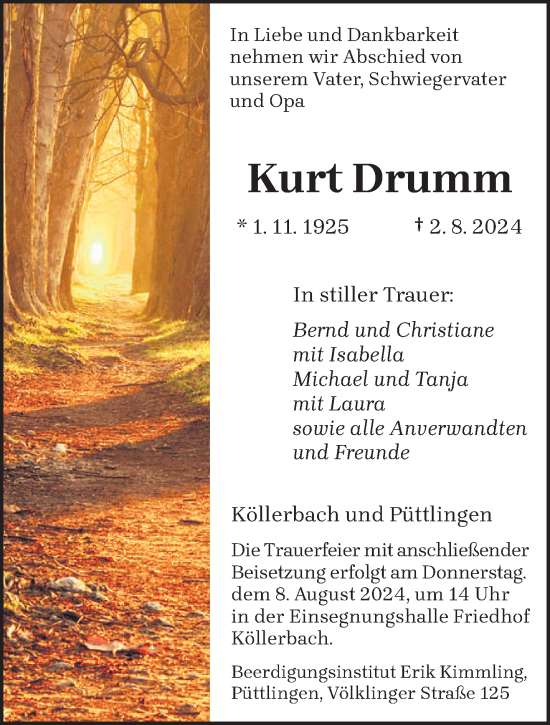 Traueranzeige von Kurt Drumm von saarbruecker_zeitung