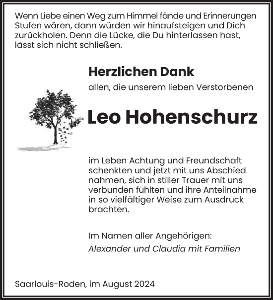 Traueranzeige von Leo Hohenschurz von saarbruecker_zeitung