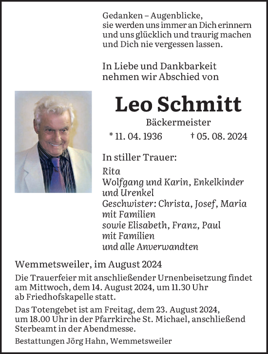 Traueranzeige von Leo Schmitt von saarbruecker_zeitung