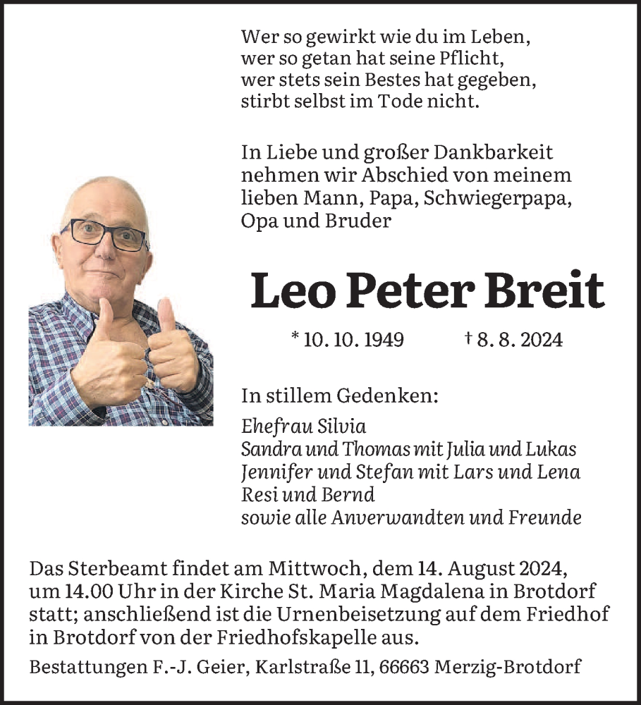  Traueranzeige für Leo Peter Breit vom 13.08.2024 aus saarbruecker_zeitung