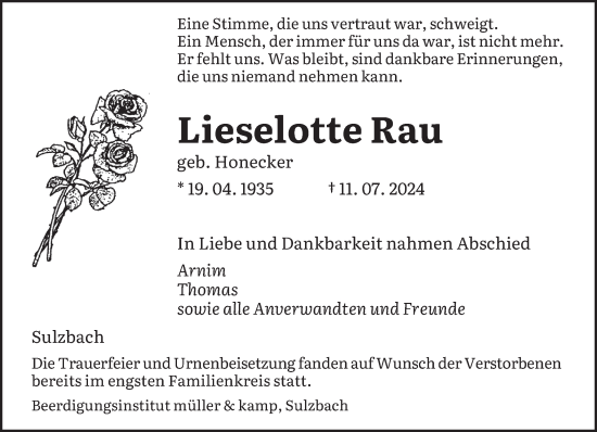 Traueranzeige von Lieselotte Rau von saarbruecker_zeitung