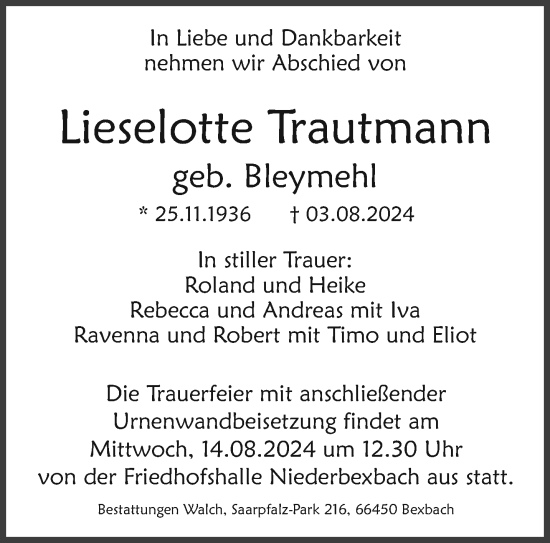 Traueranzeige von Lieselotte Trautmann von saarbruecker_zeitung